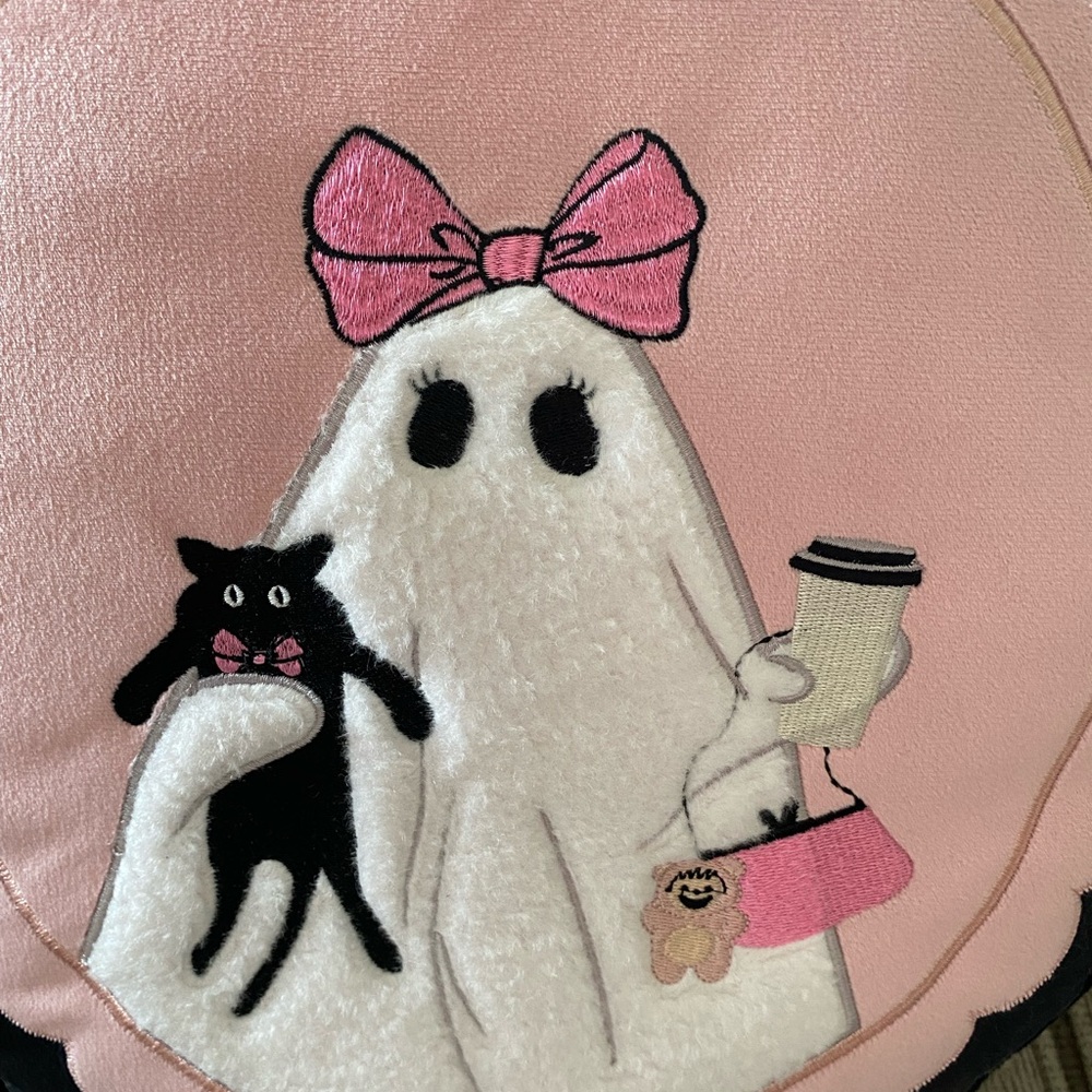 Glam Ghoul Ghost Throw Pillow Coquette Halloween Pink Black Plush Cushion - Picture 2 of 5